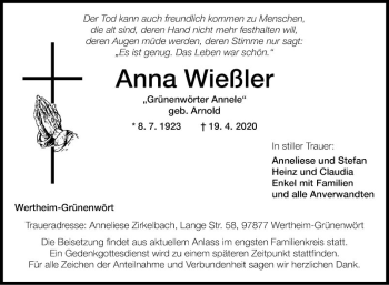 Traueranzeige von Anna Wießler von Fränkische Nachrichten