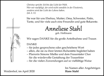 Traueranzeige von Anneliese Stahl von Fränkische Nachrichten