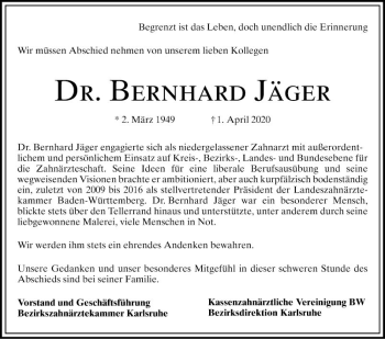 Traueranzeige von Bernhard Jäger von Schwetzinger Zeitung