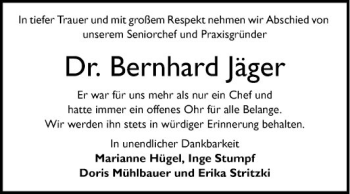 Traueranzeige von Bernhard Jäger von Mannheimer Morgen
