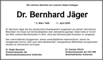 Traueranzeige von Bernhard Jäger von Mannheimer Morgen