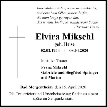 Traueranzeige von Elvira Mikschl von Fränkische Nachrichten