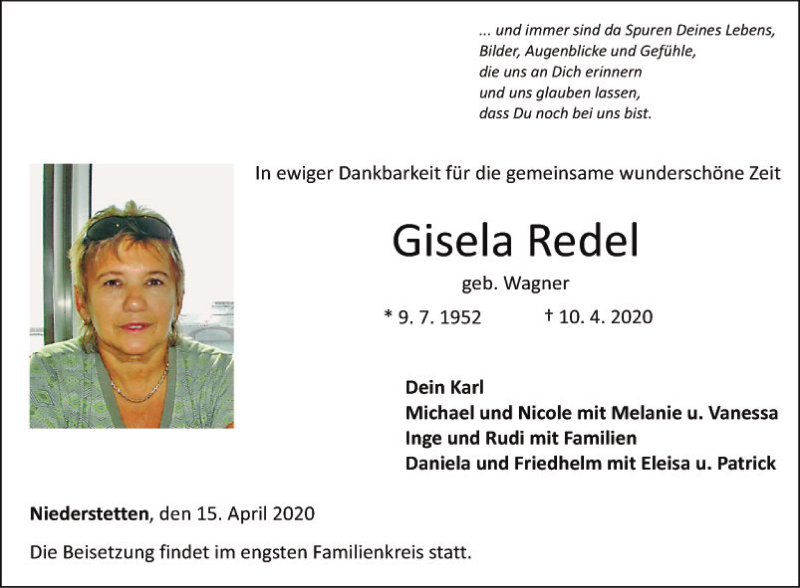  Traueranzeige für Gisela Redel vom 15.04.2020 aus Fränkische Nachrichten