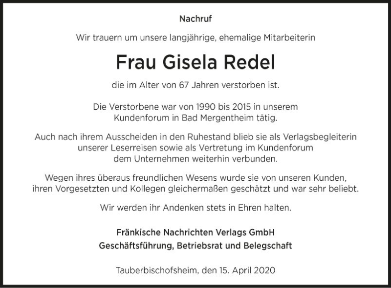  Traueranzeige für Gisela Redel vom 15.04.2020 aus Fränkische Nachrichten