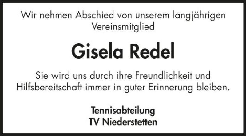  Traueranzeige für Gisela Redel vom 21.04.2020 aus Fränkische Nachrichten