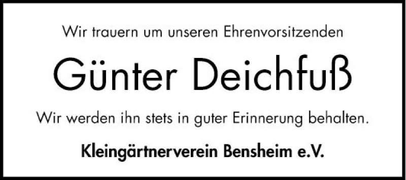  Traueranzeige für Günter Deichfuß vom 25.04.2020 aus Bergsträßer Anzeiger