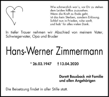 Traueranzeige von Hans-Werner Zimmermann von Mannheimer Morgen