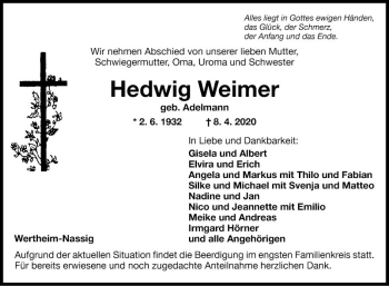 Traueranzeige von Hedwig Weimer von Fränkische Nachrichten