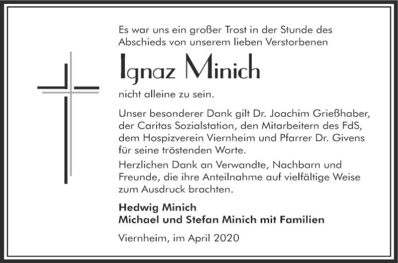  Traueranzeige für Ignaz Minich vom 11.04.2020 aus Südhessen Morgen