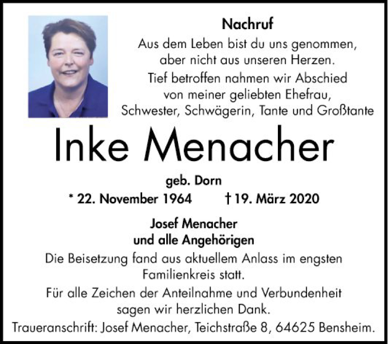 Traueranzeigen von Inke Menacher Trauerportal Ihrer Tageszeitung