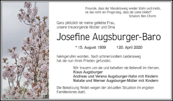 Traueranzeige von Josefine Augsburger-Baro von Mannheimer Morgen
