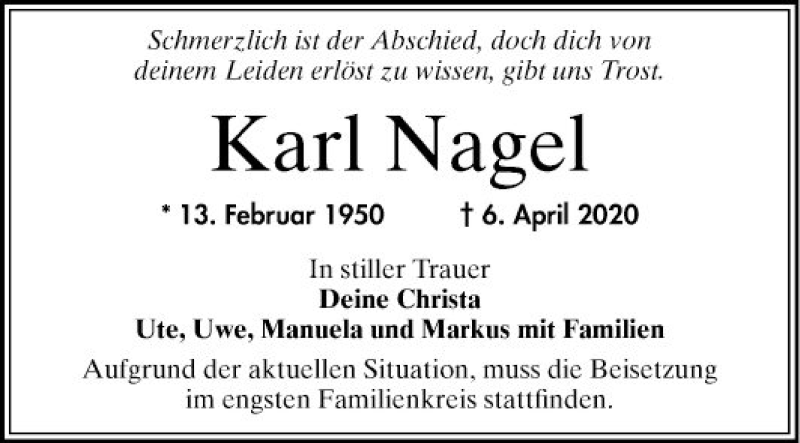 Traueranzeige für Karl Nagel vom 11.04.2020 aus Mannheimer Morgen