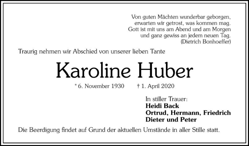  Traueranzeige für Karoline Huber vom 11.04.2020 aus Mannheimer Morgen