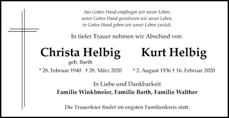  Traueranzeige für Kurt Helbig vom 11.04.2020 aus Mannheimer Morgen