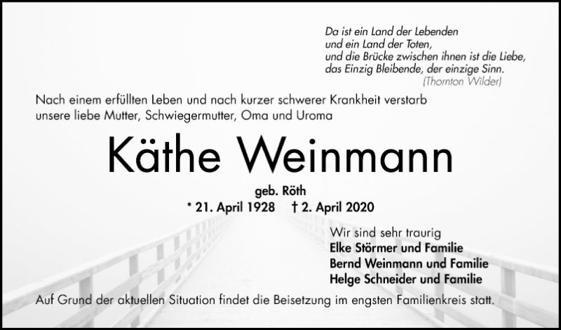  Traueranzeige für Käthe Weinmann vom 11.04.2020 aus Mannheimer Morgen