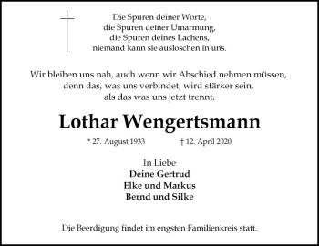 Traueranzeige von Lothar Wengertsmann von Fränkische Nachrichten