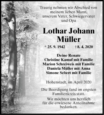 Traueranzeige von Lothar Johann Müller von Fränkische Nachrichten