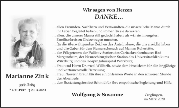 Traueranzeige von Marianne Zink von Fränkische Nachrichten