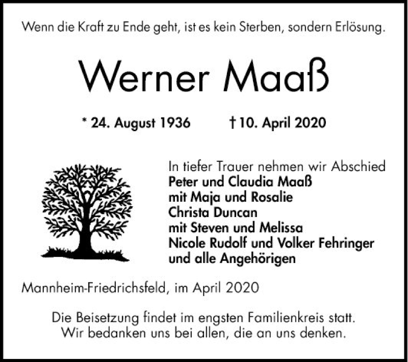  Traueranzeige für Werner Maaß vom 18.04.2020 aus Mannheimer Morgen