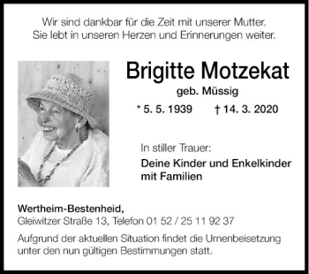 Traueranzeige von Brigitte Motzekat von Fränkische Nachrichten