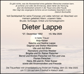 Traueranzeige von Dieter Lappe von Mannheimer Morgen