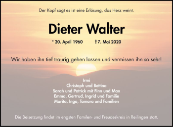 Traueranzeige von Dieter Walter von Schwetzinger Zeitung