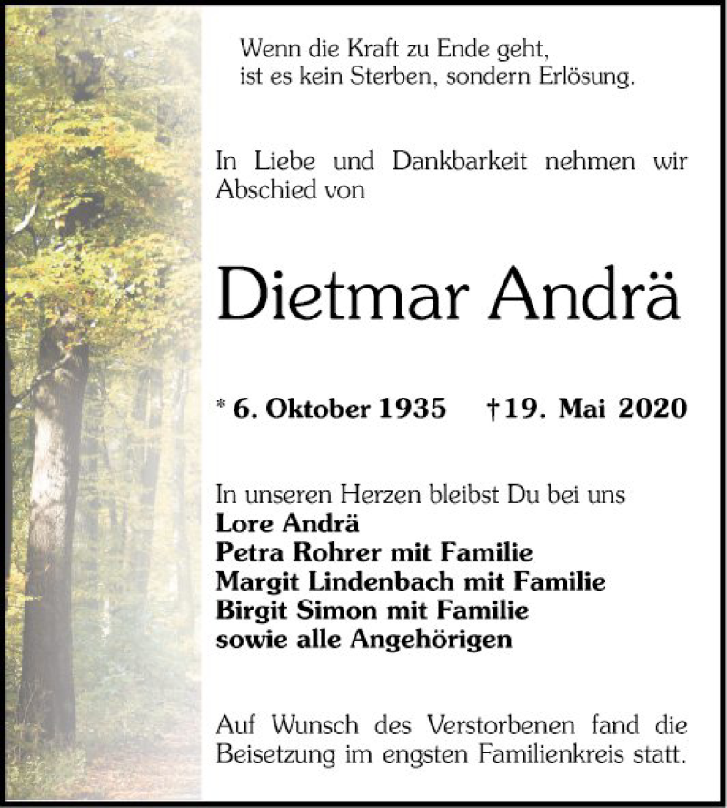  Traueranzeige für Dietmar Andrä vom 30.05.2020 aus Schwetzinger Zeitung