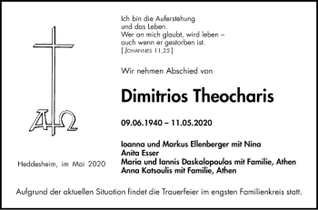 Traueranzeige von Dimitrios Theocharis von Mannheimer Morgen