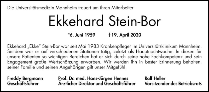  Traueranzeige für Ekkehard Stein-Bor vom 04.05.2020 aus Mannheimer Morgen