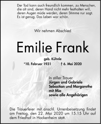 Traueranzeige von Emilie Frank von Schwetzinger Zeitung