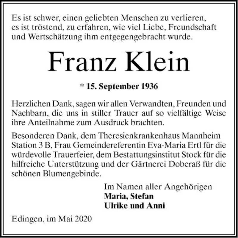  Traueranzeige für Franz Klein vom 23.05.2020 aus Mannheimer Morgen