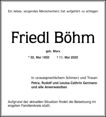 Traueranzeige von Friedl Böhm von Mannheimer Morgen