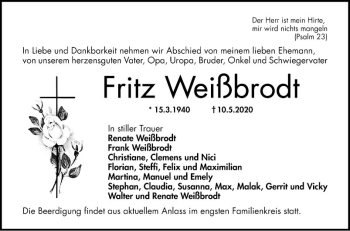 Traueranzeige von Fritz Weißbrodt von Schwetzinger Zeitung