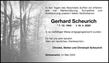 Traueranzeige von Gerhard Scheurich von Fränkische Nachrichten