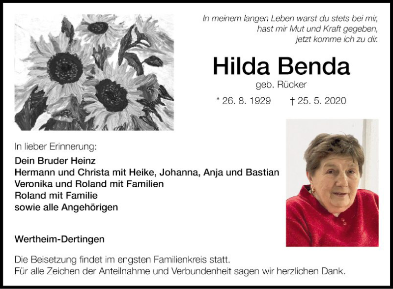  Traueranzeige für Hilda Benda vom 30.05.2020 aus Fränkische Nachrichten