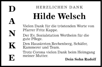 Traueranzeige von Hilde Welsch von Fränkische Nachrichten