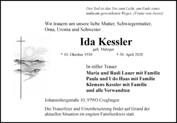 Traueranzeige von Ida Kessler von Fränkische Nachrichten