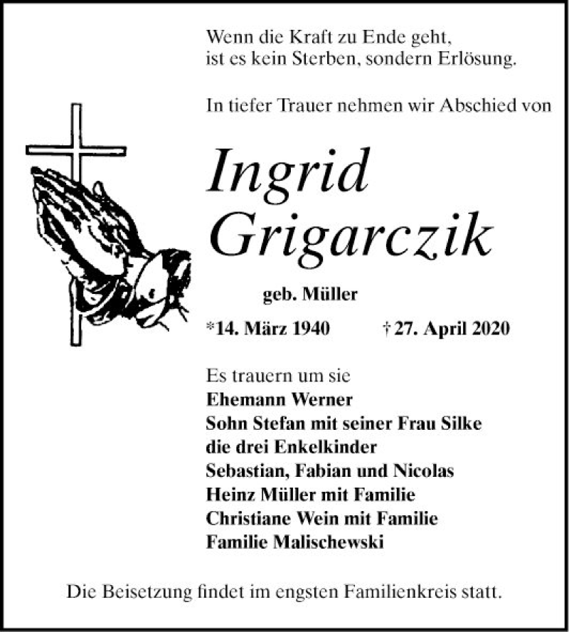  Traueranzeige für Ingrid Grigarczik vom 02.05.2020 aus Mannheimer Morgen