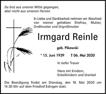 Traueranzeige von Irmgard Reinle von Mannheimer Morgen