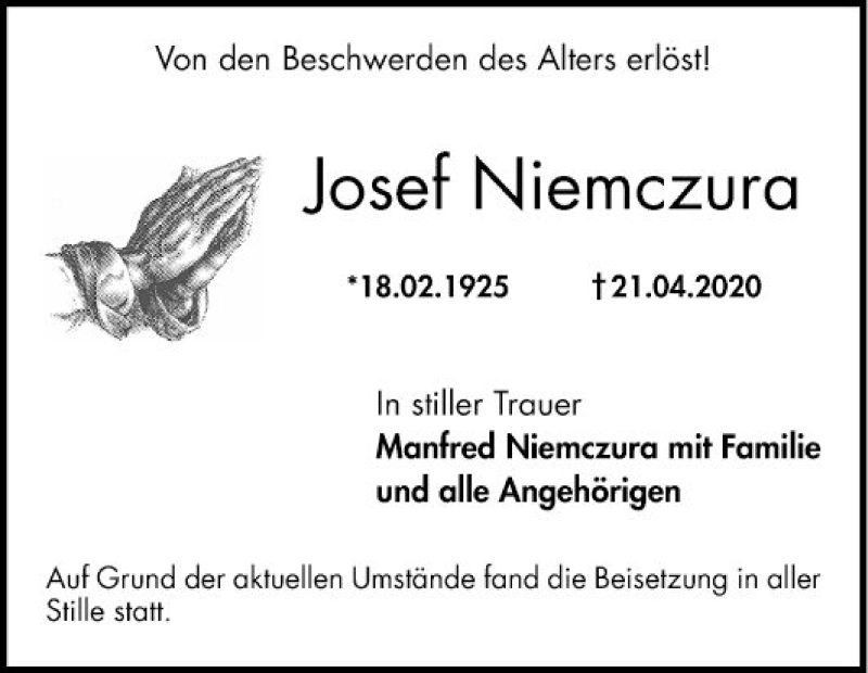 Traueranzeige für Josef Niemczura vom 06.05.2020 aus Mannheimer Morgen