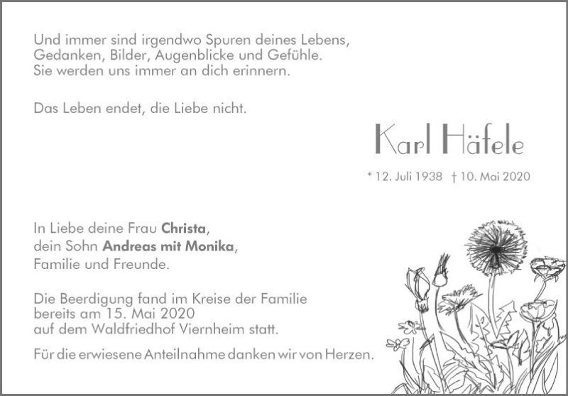  Traueranzeige für Karl Häfele vom 16.05.2020 aus Südhessen Morgen
