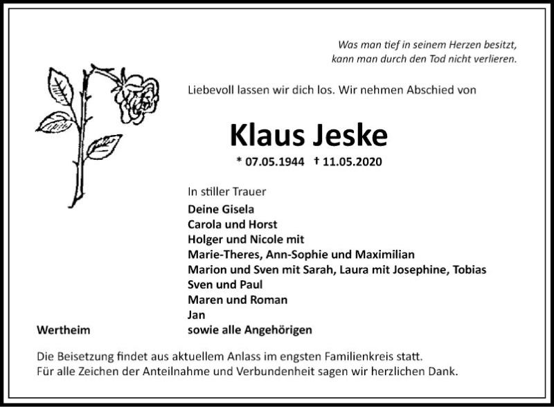 Traueranzeigen Von Klaus Jeske | Trauerportal Ihrer Tageszeitung