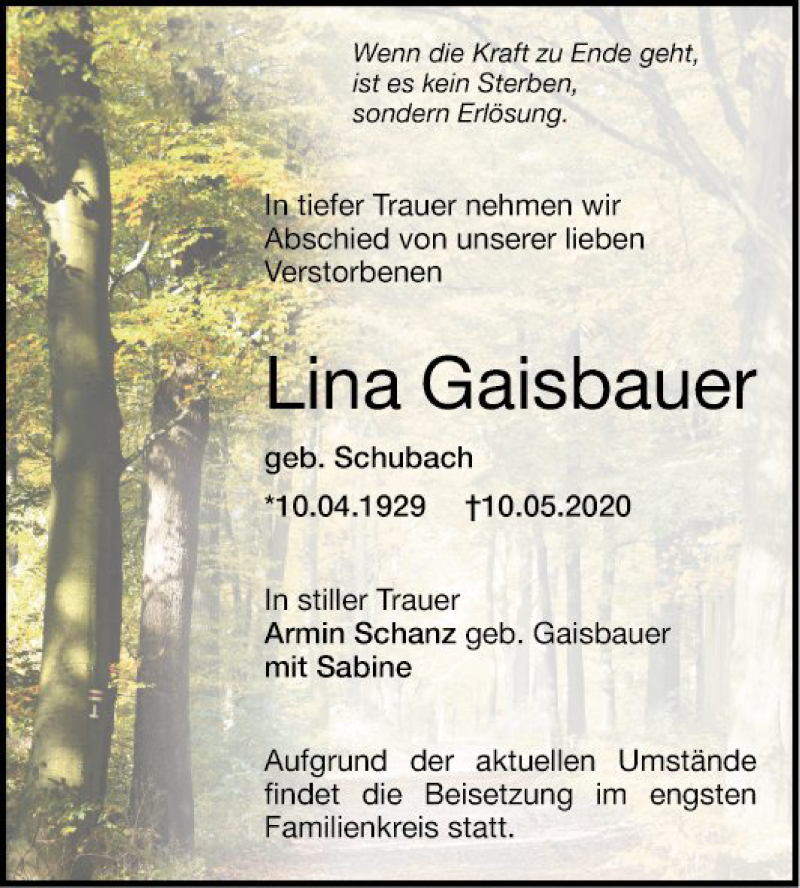  Traueranzeige für Lina Gaisbauer vom 16.05.2020 aus Mannheimer Morgen