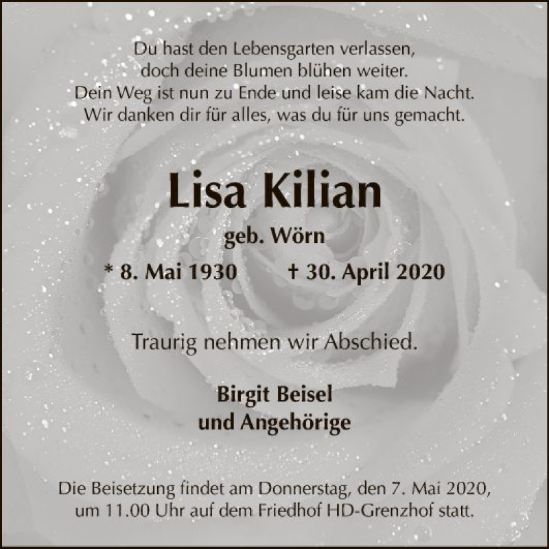  Traueranzeige für Lisa Kilian vom 05.05.2020 aus Mannheimer Morgen