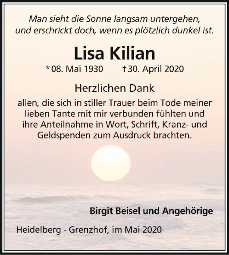  Traueranzeige für Lisa Kilian vom 30.05.2020 aus Schwetzinger Zeitung