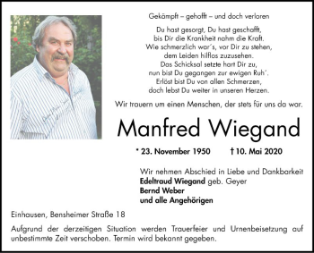 Traueranzeige von Manfred Wiegand von Bergsträßer Anzeiger