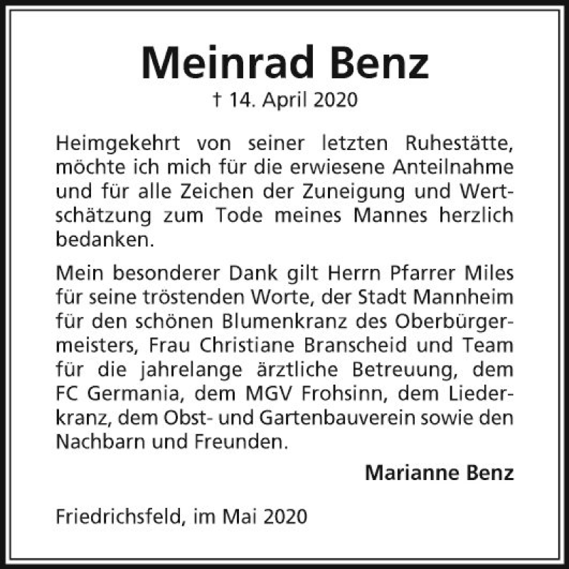  Traueranzeige für Meinrad Benz vom 16.05.2020 aus Mannheimer Morgen