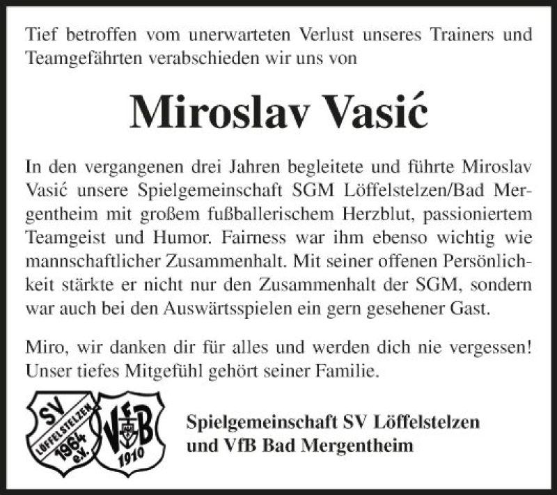  Traueranzeige für Miroslav Vasic´ vom 07.05.2020 aus Fränkische Nachrichten