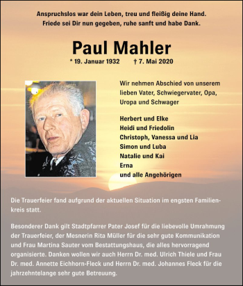Traueranzeige von Paul Mahler von Fränkische Nachrichten