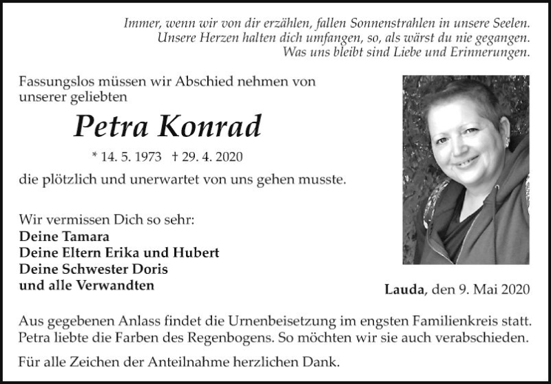  Traueranzeige für Petra Konrad vom 09.05.2020 aus Fränkische Nachrichten